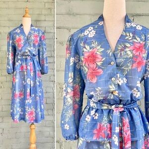 Vintage Floral Blue Peplum Midi Dress